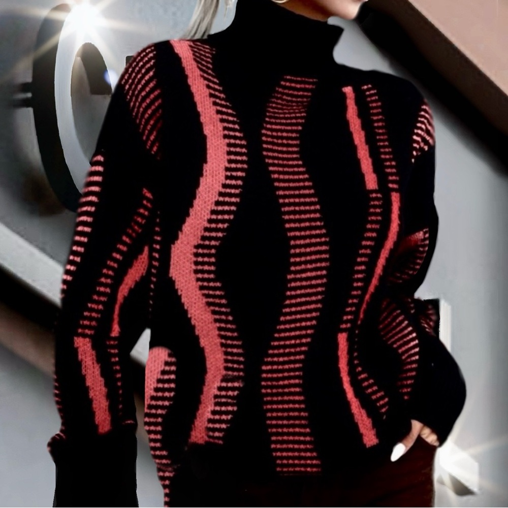 Abstract Jacquard Knit Turtleneck Sweater
